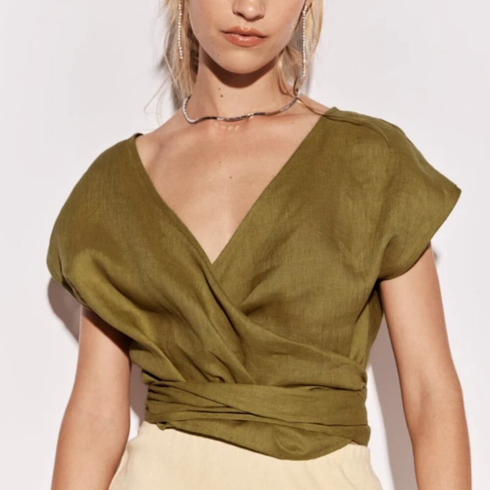 VRG Girl - Sea Glass Linen Wrap Top Olive